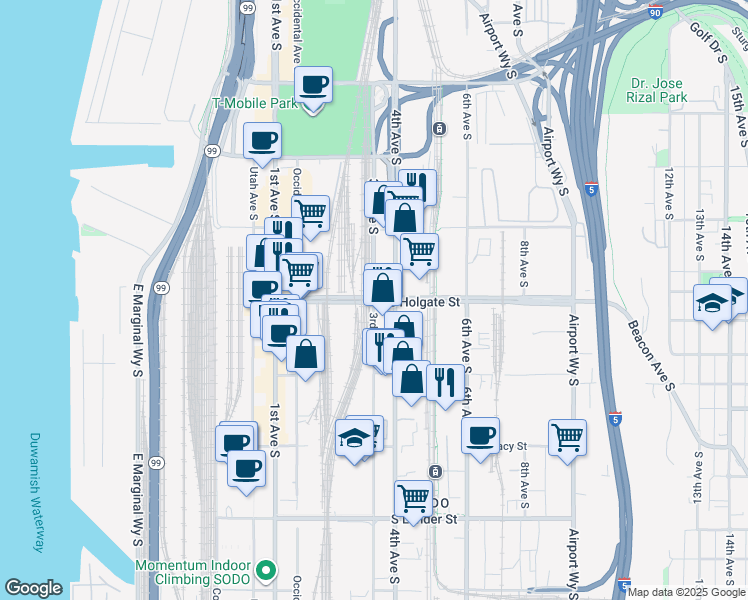 map of restaurants, bars, coffee shops, grocery stores, and more near 3rd Ave S & S Holgate St in Seattle