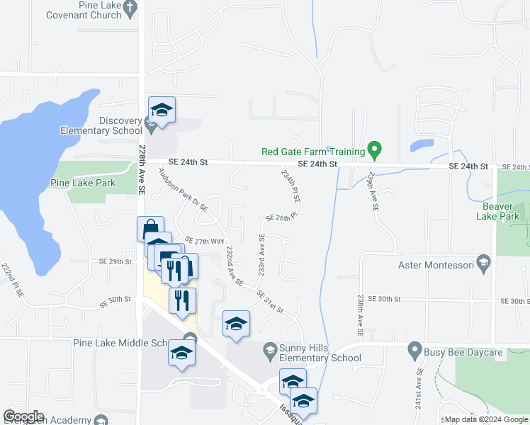 map of restaurants, bars, coffee shops, grocery stores, and more near 23310 Southeast 26th Place in Sammamish