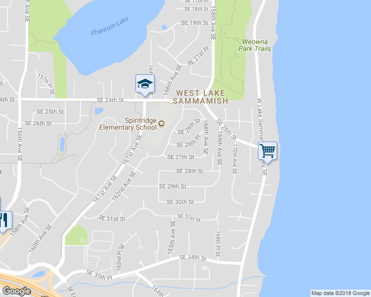 map of restaurants, bars, coffee shops, grocery stores, and more near 16627 Southeast 26th Place in Bellevue
