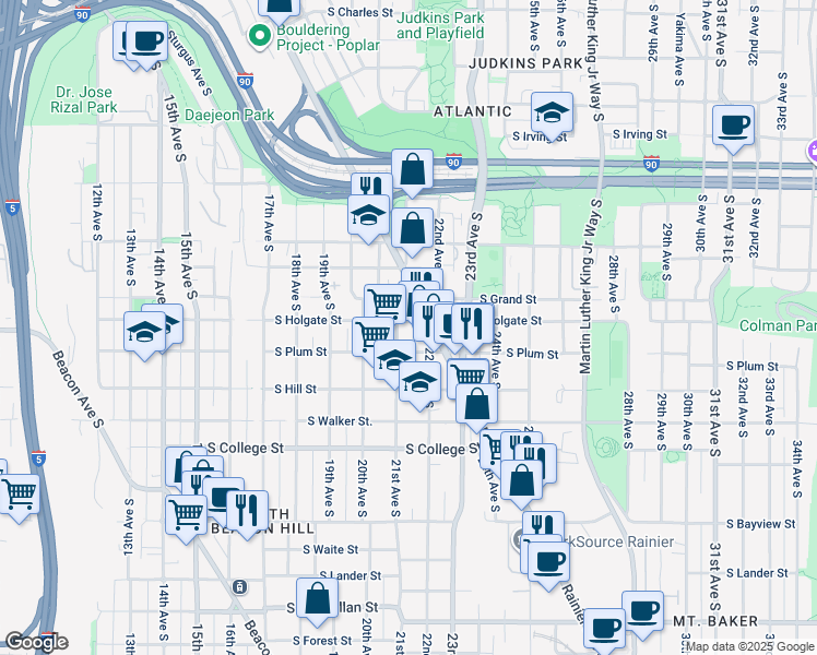 map of restaurants, bars, coffee shops, grocery stores, and more near 1910 21st Avenue South in Seattle