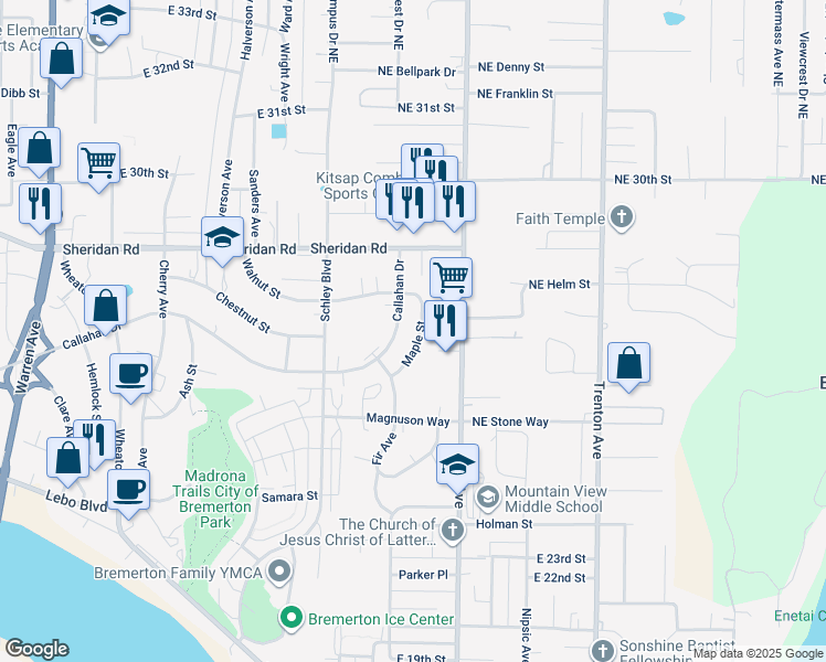 map of restaurants, bars, coffee shops, grocery stores, and more near 2741 Maple Street in Bremerton