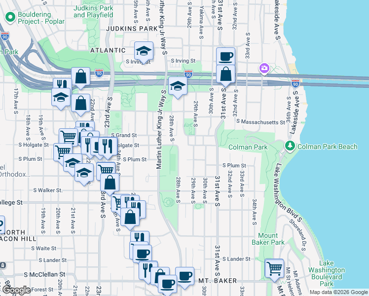 map of restaurants, bars, coffee shops, grocery stores, and more near 1900 28th Avenue South in Seattle