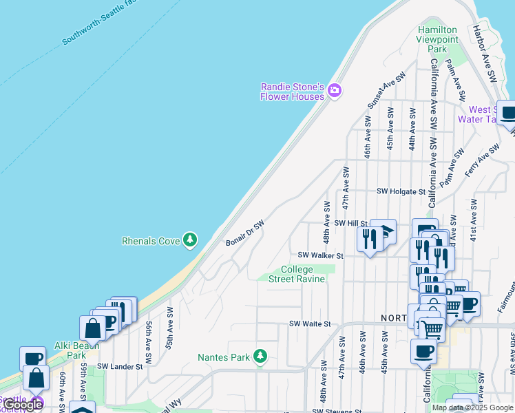 map of restaurants, bars, coffee shops, grocery stores, and more near 1780 Alki Avenue Southwest in Seattle