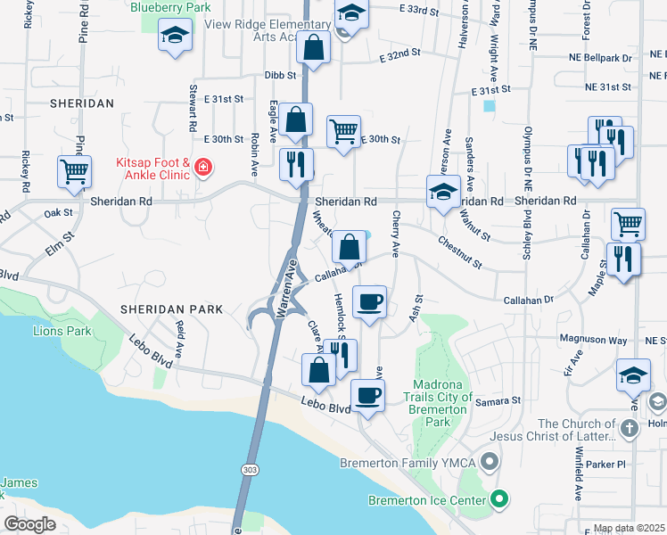 map of restaurants, bars, coffee shops, grocery stores, and more near 802 Callahan Drive in Bremerton