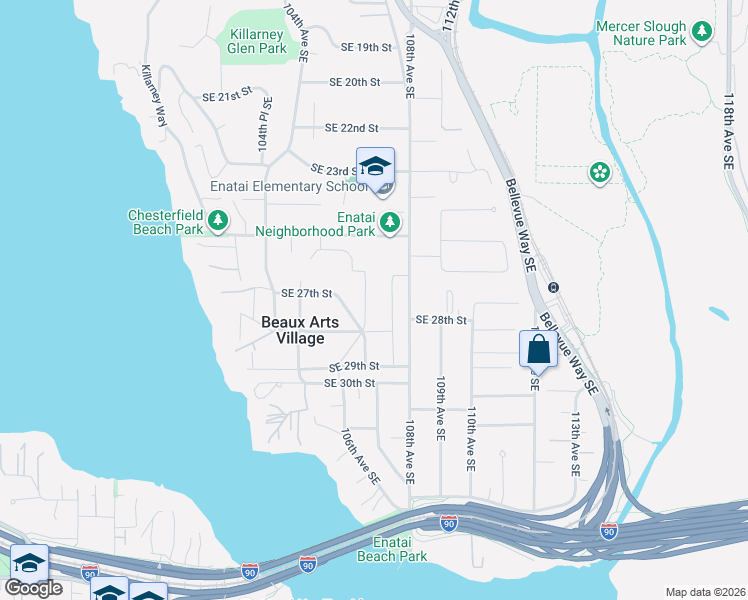 map of restaurants, bars, coffee shops, grocery stores, and more near 2713 107th Avenue Southeast in Beaux Arts Village