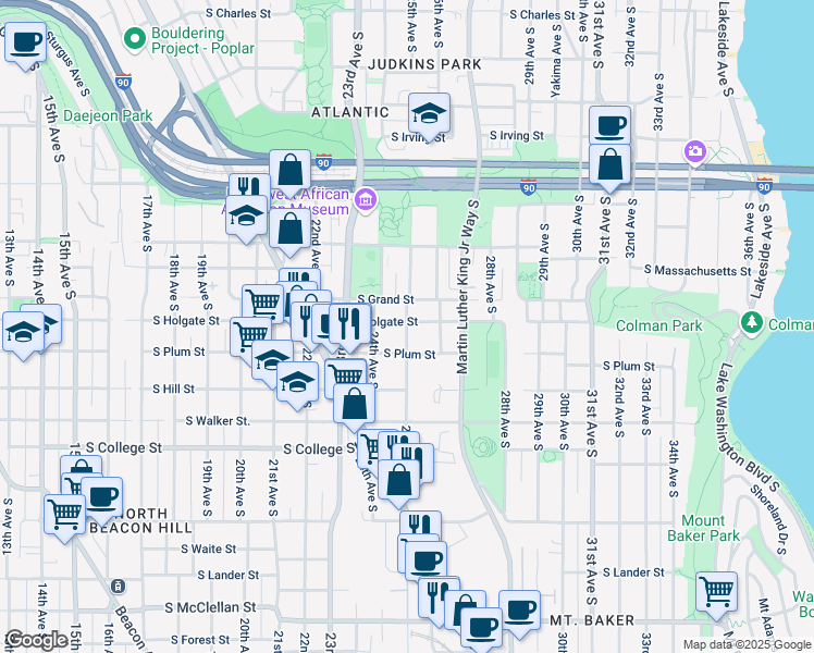 map of restaurants, bars, coffee shops, grocery stores, and more near 1911 25th Avenue South in Seattle