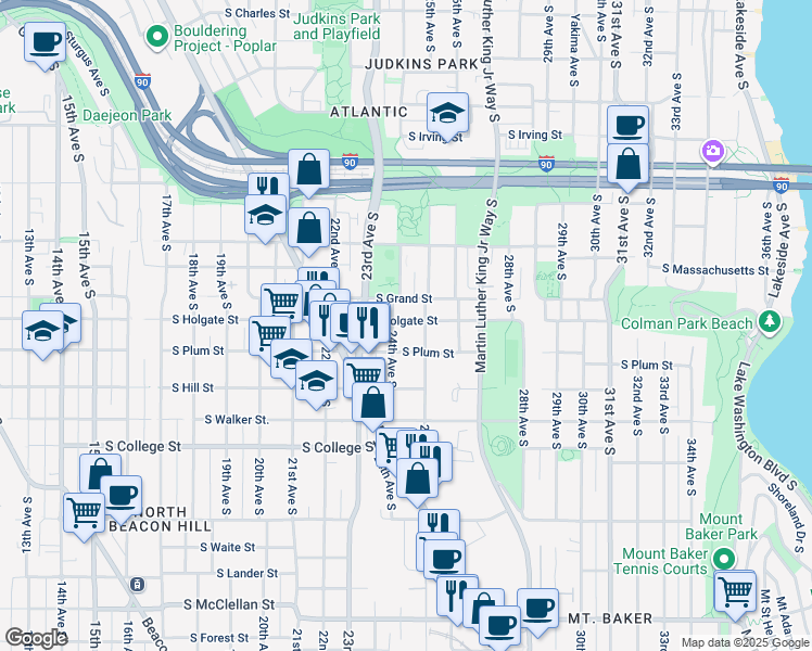 map of restaurants, bars, coffee shops, grocery stores, and more near 1911 25th Avenue South in Seattle