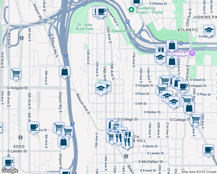 map of restaurants, bars, coffee shops, grocery stores, and more near 1912 14th Avenue South in Seattle