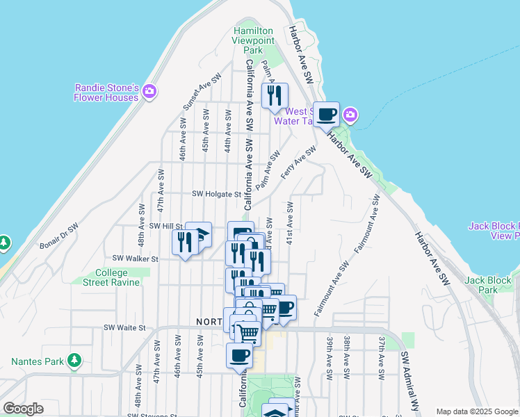 map of restaurants, bars, coffee shops, grocery stores, and more near 1919 42nd Avenue Southwest in Seattle