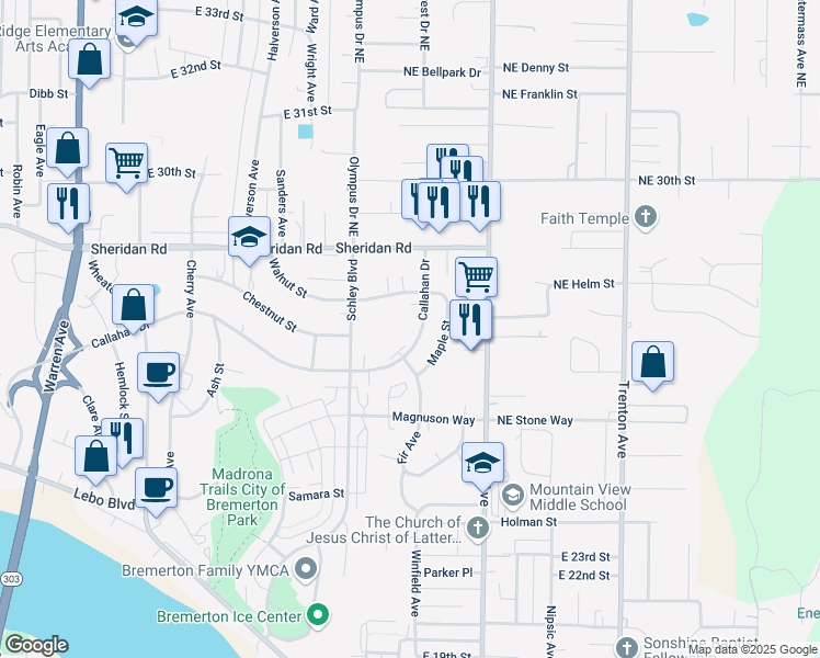 map of restaurants, bars, coffee shops, grocery stores, and more near 2722 Callahan Drive in Bremerton