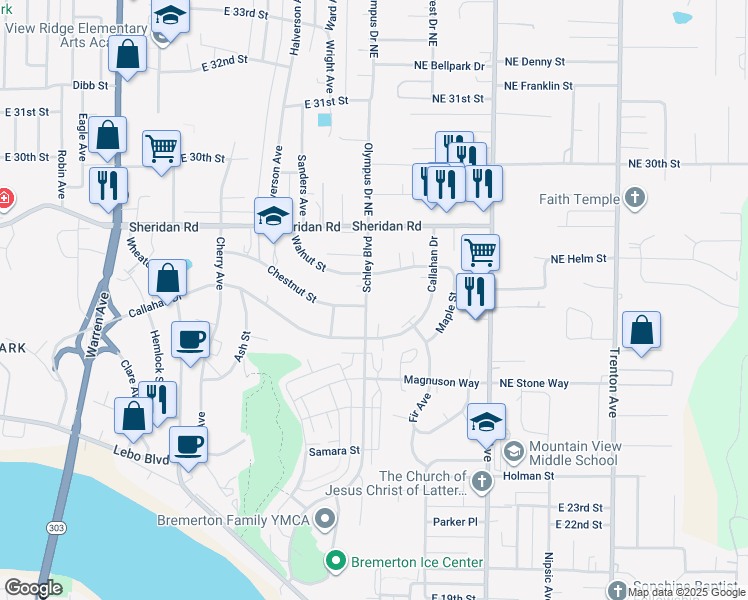 map of restaurants, bars, coffee shops, grocery stores, and more near 2212 Schley Boulevard in Bremerton