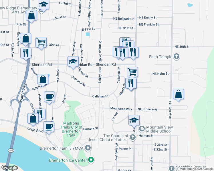 map of restaurants, bars, coffee shops, grocery stores, and more near 2728 Schley Boulevard in Bremerton
