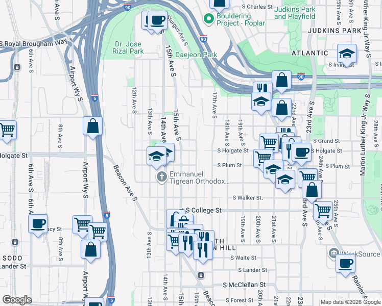 map of restaurants, bars, coffee shops, grocery stores, and more near 1912 15th Avenue South in Seattle