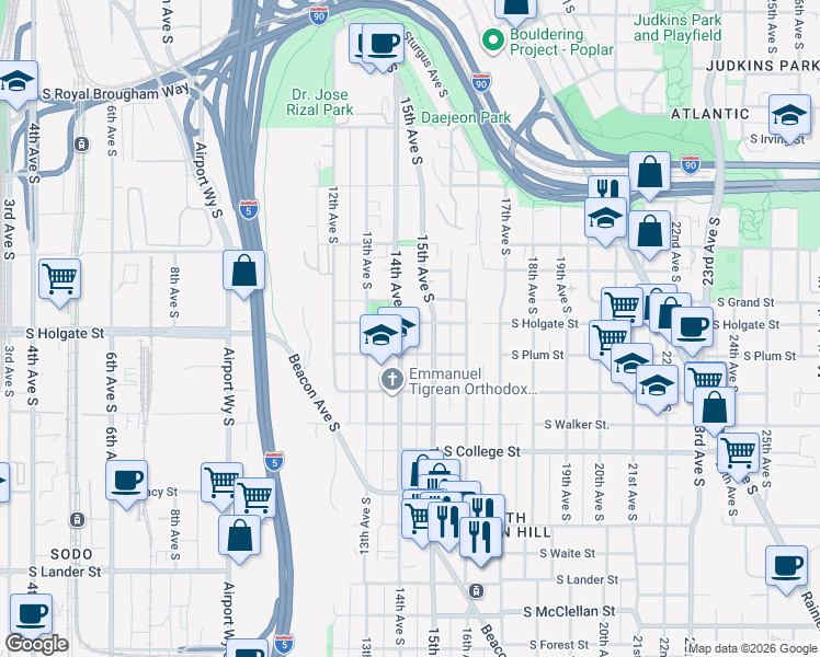 map of restaurants, bars, coffee shops, grocery stores, and more near 1912 14th Avenue South in Seattle