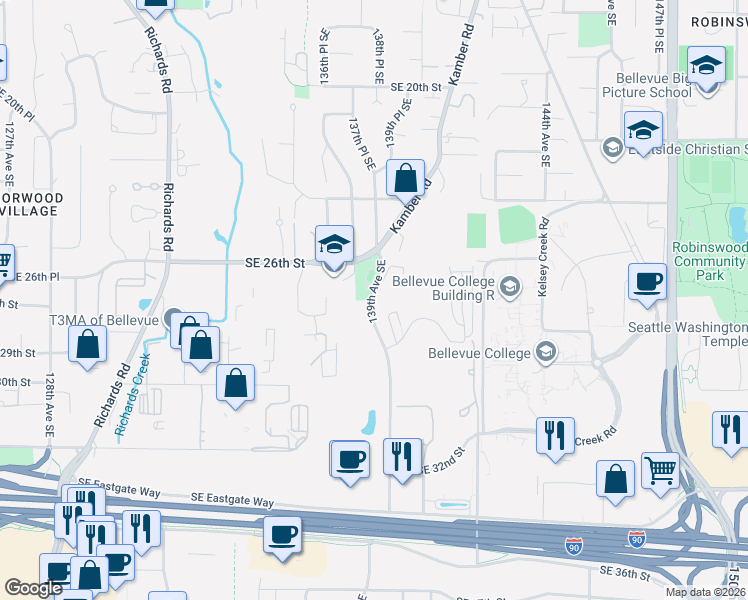 map of restaurants, bars, coffee shops, grocery stores, and more near 2628 139th Avenue Southeast in Bellevue