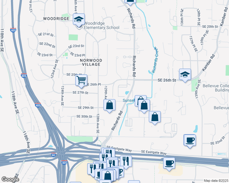 map of restaurants, bars, coffee shops, grocery stores, and more near 12935 Southeast 26th Place in Bellevue
