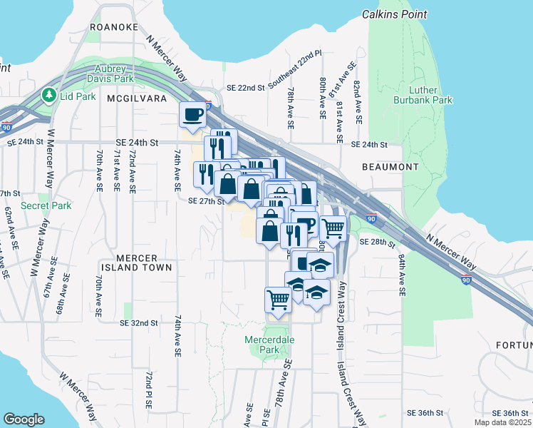 map of restaurants, bars, coffee shops, grocery stores, and more near 2729 77th Avenue Southeast in Mercer Island