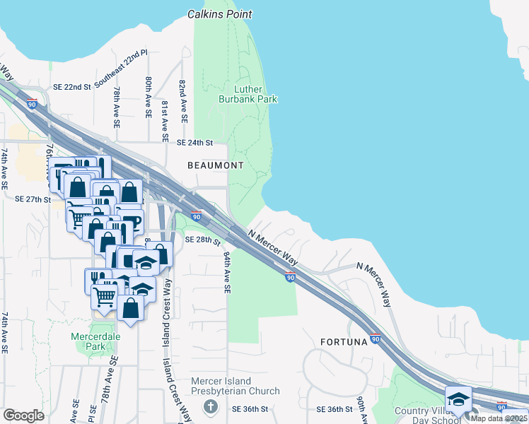 map of restaurants, bars, coffee shops, grocery stores, and more near 8428 North Mercer Way in Mercer Island