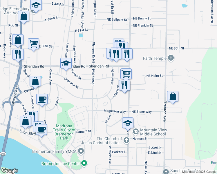 map of restaurants, bars, coffee shops, grocery stores, and more near 2722 Callahan Drive in Bremerton