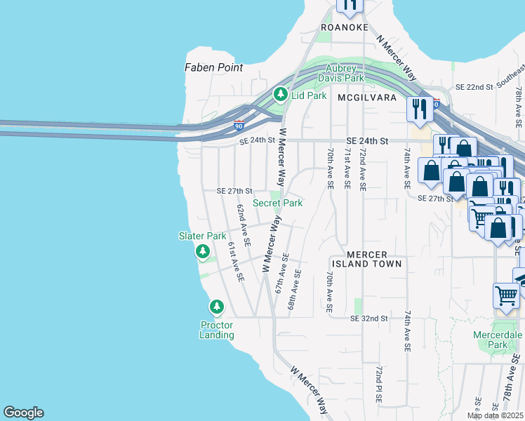 map of restaurants, bars, coffee shops, grocery stores, and more near 2728 63rd Avenue Southeast in Mercer Island