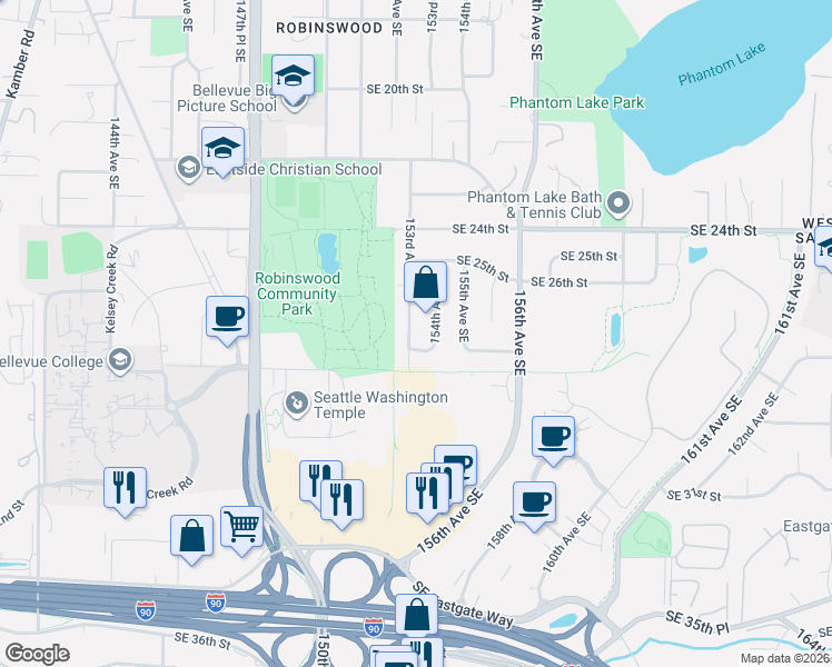 map of restaurants, bars, coffee shops, grocery stores, and more near 15312 Southeast 27th Street in Bellevue