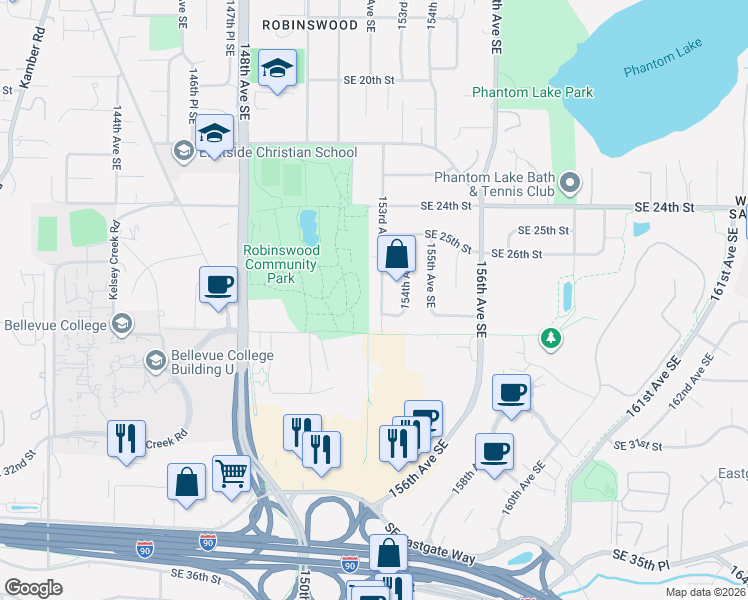 map of restaurants, bars, coffee shops, grocery stores, and more near 2651 153rd Avenue Southeast in Bellevue