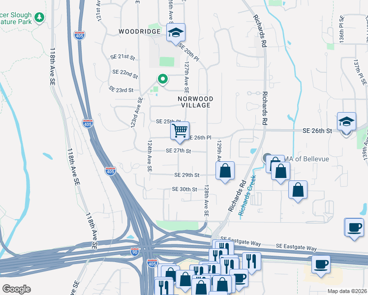 map of restaurants, bars, coffee shops, grocery stores, and more near 12447 Southeast 27th Street in Bellevue