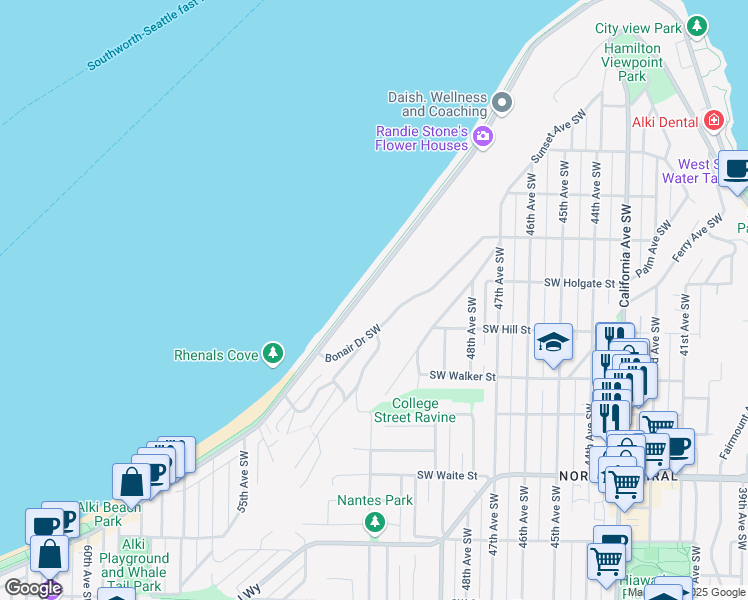 map of restaurants, bars, coffee shops, grocery stores, and more near 1780 Alki Avenue Southwest in Seattle