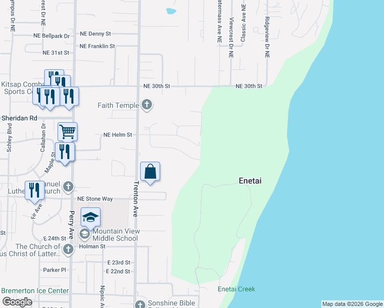 map of restaurants, bars, coffee shops, grocery stores, and more near 3015 Rozewood Drive Northeast in Bremerton