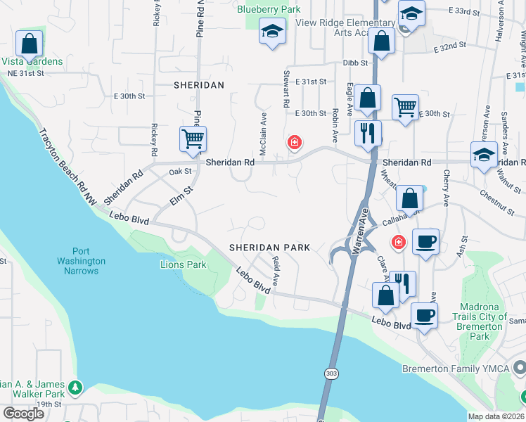 map of restaurants, bars, coffee shops, grocery stores, and more near 261 Willow Street in Bremerton