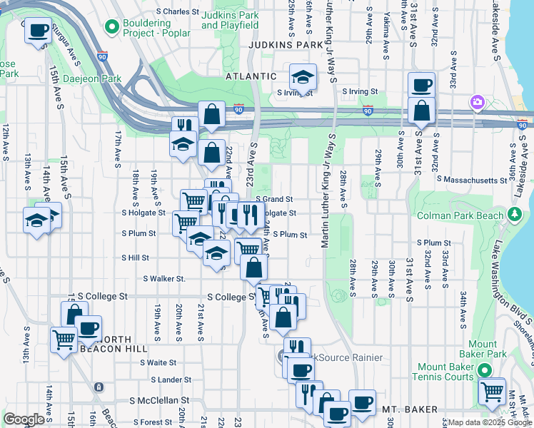 map of restaurants, bars, coffee shops, grocery stores, and more near 24th Ave S & S Holgate St in Seattle