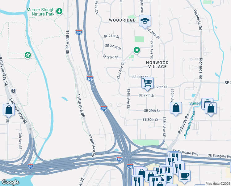 map of restaurants, bars, coffee shops, grocery stores, and more near 12123 Southeast 27th Street in Bellevue