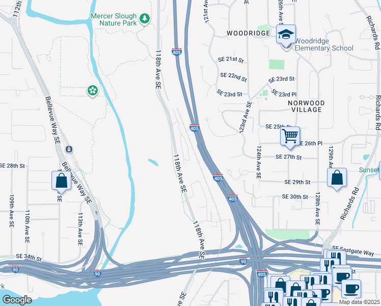 map of restaurants, bars, coffee shops, grocery stores, and more near 2690 118th Avenue Southeast in Bellevue