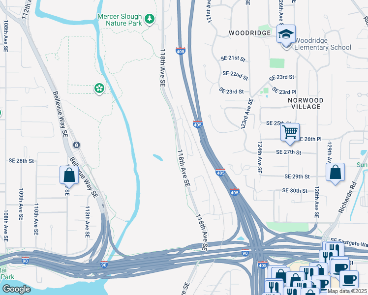 map of restaurants, bars, coffee shops, grocery stores, and more near 2680 118th Avenue Southeast in Bellevue
