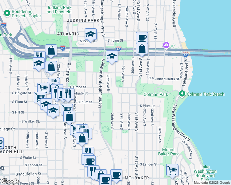 map of restaurants, bars, coffee shops, grocery stores, and more near 1900 28th Avenue South in Seattle