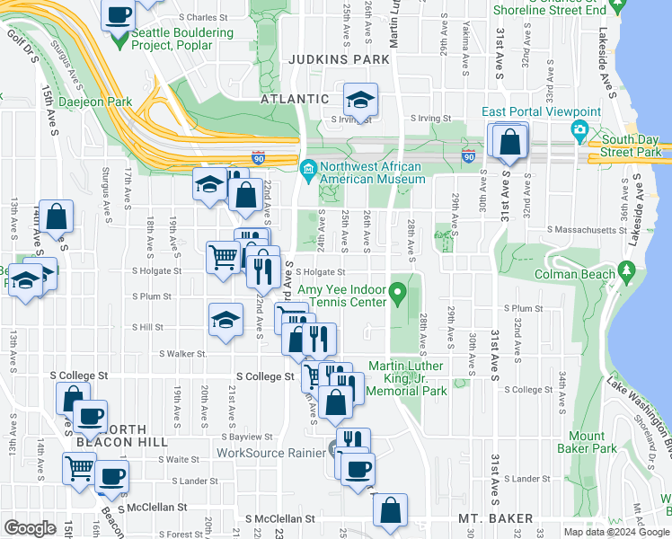 map of restaurants, bars, coffee shops, grocery stores, and more near 1911 25th Avenue South in Seattle