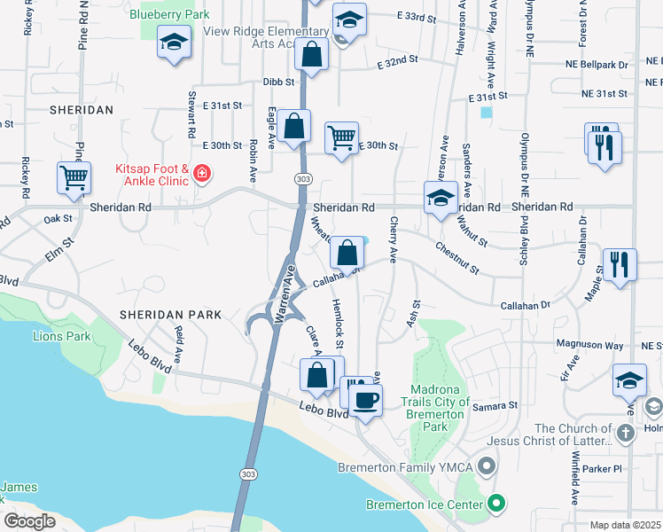 map of restaurants, bars, coffee shops, grocery stores, and more near 802 Callahan Drive in Bremerton