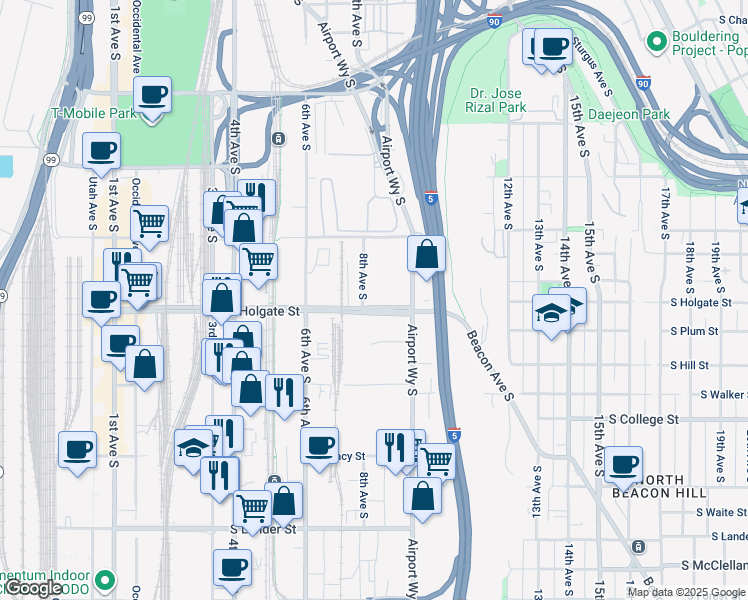 map of restaurants, bars, coffee shops, grocery stores, and more near 1751 Airport Way South in Seattle