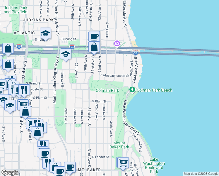 map of restaurants, bars, coffee shops, grocery stores, and more near 1800 Lake Washington Boulevard South in Seattle