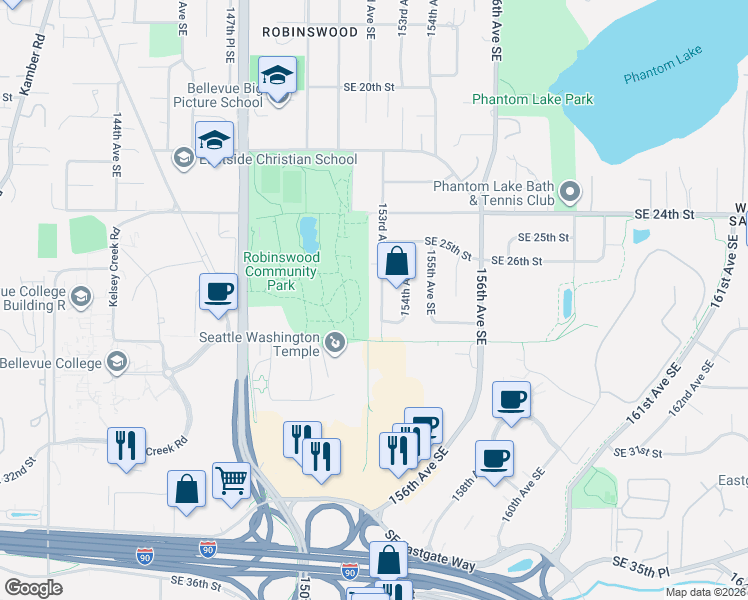 map of restaurants, bars, coffee shops, grocery stores, and more near 2651 153rd Avenue Southeast in Bellevue
