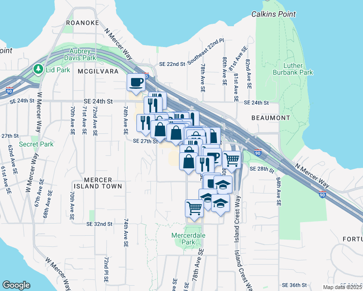 map of restaurants, bars, coffee shops, grocery stores, and more near 2729 77th Avenue Southeast in Mercer Island