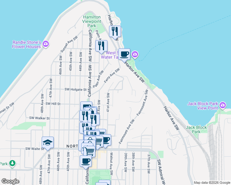 map of restaurants, bars, coffee shops, grocery stores, and more near 1904 Walnut Avenue Southwest in Seattle