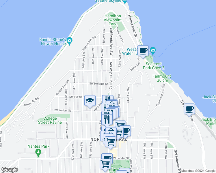 map of restaurants, bars, coffee shops, grocery stores, and more near 2001 California Avenue Southwest in Seattle