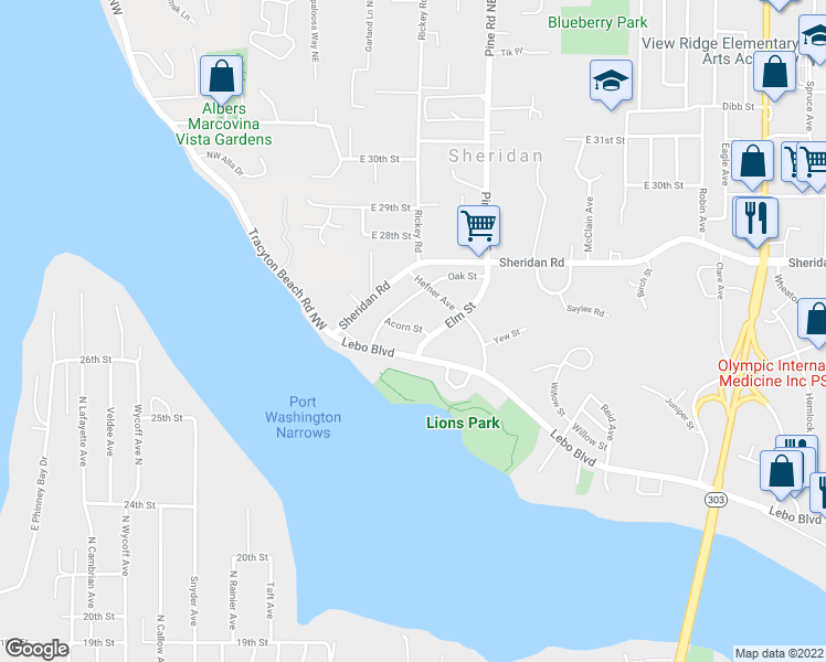 map of restaurants, bars, coffee shops, grocery stores, and more near 108a Elm Street in Bremerton