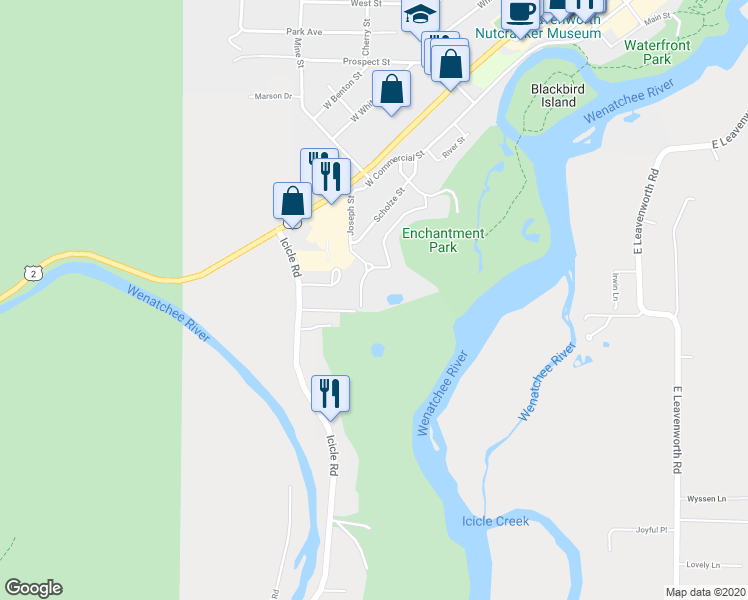 map of restaurants, bars, coffee shops, grocery stores, and more near 200 Joseph Street in Leavenworth
