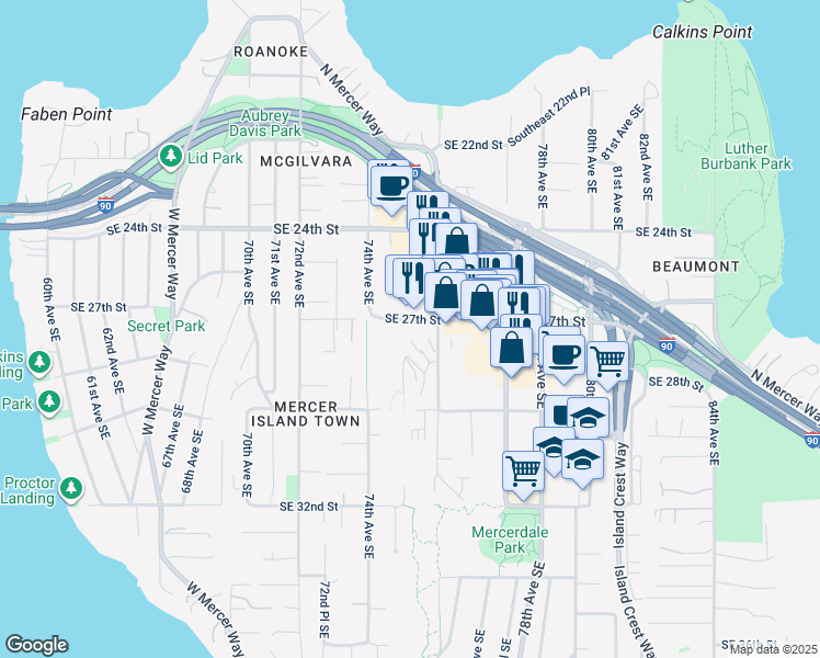 map of restaurants, bars, coffee shops, grocery stores, and more near 2805 75th Place Southeast in Mercer Island