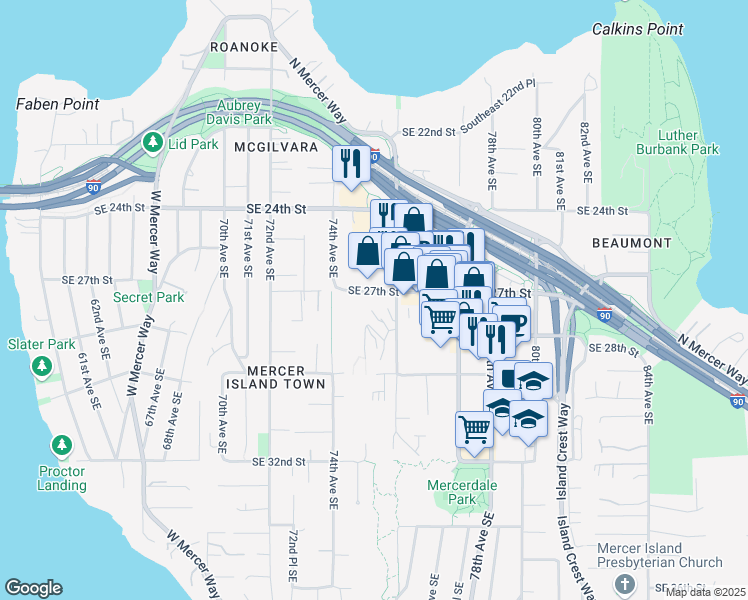 map of restaurants, bars, coffee shops, grocery stores, and more near 2717 76th Avenue Southeast in Mercer Island