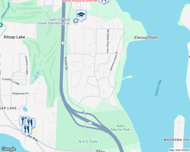 map of restaurants, bars, coffee shops, grocery stores, and more near 2 Budd Inlet Loop in Bremerton