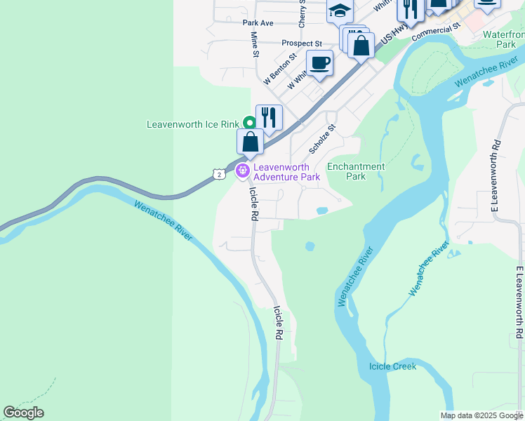 map of restaurants, bars, coffee shops, grocery stores, and more near 12670 Icicle Place in Leavenworth