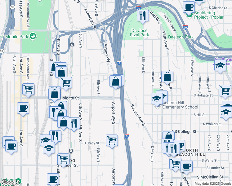 map of restaurants, bars, coffee shops, grocery stores, and more near 102 South Holgate Street in Seattle